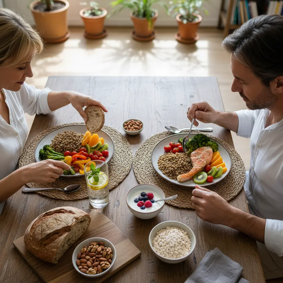 A vibrant, top-down view of a balanced oncology meal: lean proteins like grilled fish and legumes, colorful fruits and vegetables, whole-grain bread and oats on the side, small snack plates (Greek yogurt with berries, nuts), plus a glass of water infused with lemon and mint