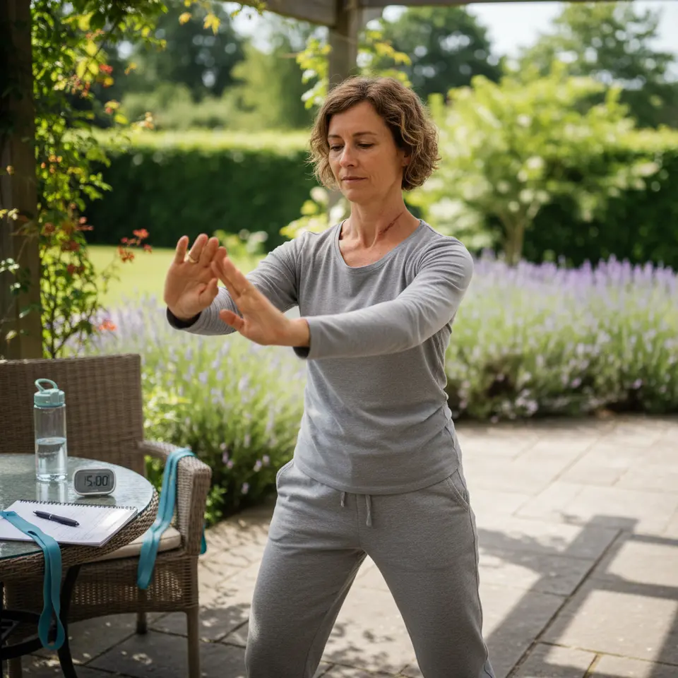 A serene scene of gentle cancer-recovery movement: a patient in comfortable athletic wear practicing yoga or tai chi in a sunlit room or garden, light resistance bands and a water bottle nearby, with subtle indications of pacing (timer or journal) to show structured, low-impact exercise