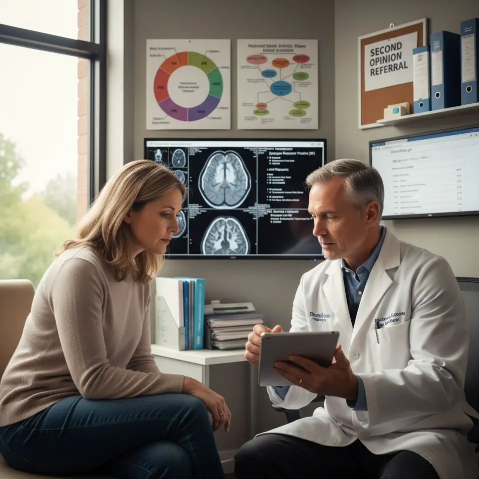 Understanding Your Diagnosis: A patient sitting with an oncologist, reviewing high-resolution tumor scans and biopsy reports on a tablet, surrounded by visual elements like hormone receptor charts, genetic mutation diagrams, and a ClinicalTrials.gov webpage open for trial options—emphasizing clarity, second-opinion referrals, and organized medical records.