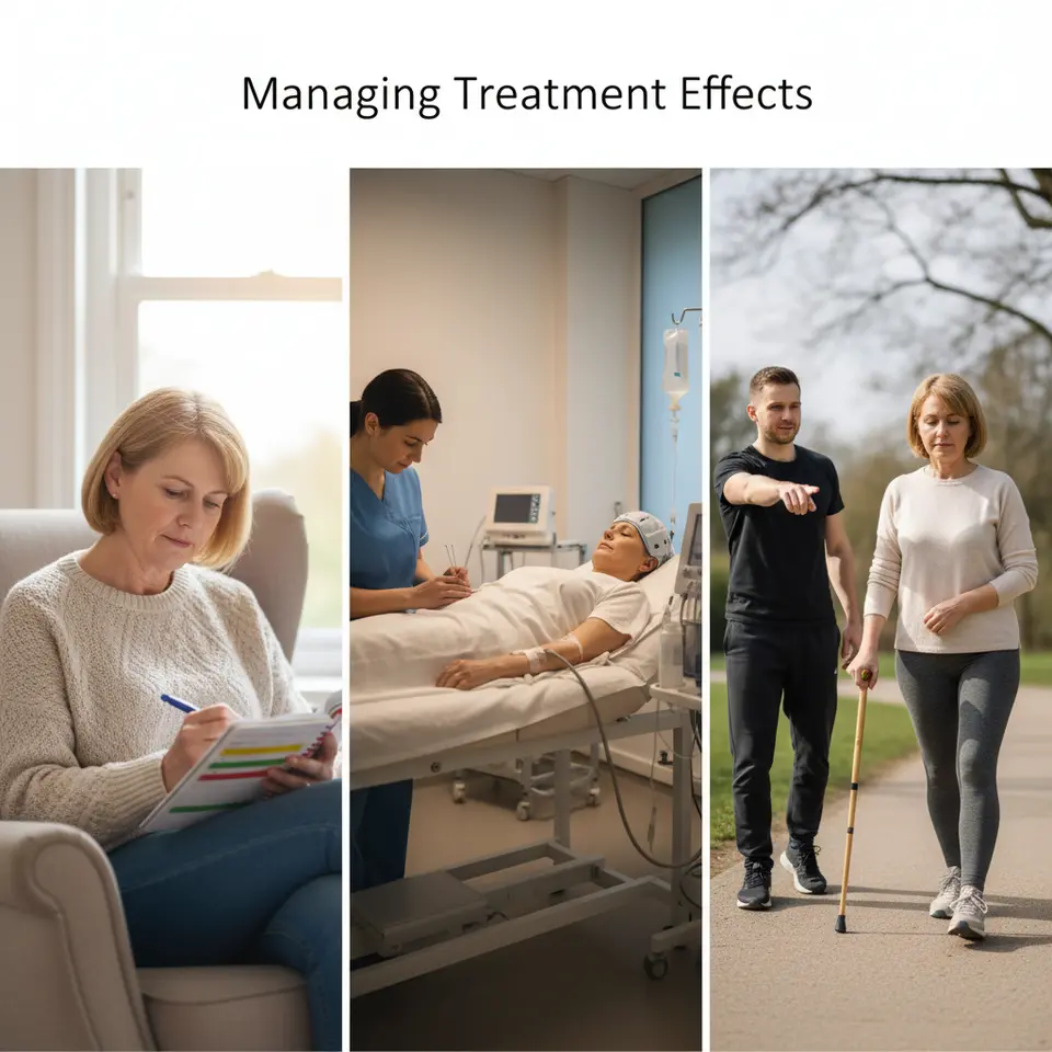 Managing Treatment Effects: A composite scene showing a patient writing in a symptom diary with color-coded entries, receiving gentle acupuncture for nausea, wearing a scalp-cooling cap during chemotherapy, and performing light stretches or a short walk with a physiotherapist—depicting proactive side-effect tracking and multidisciplinary supportive care.