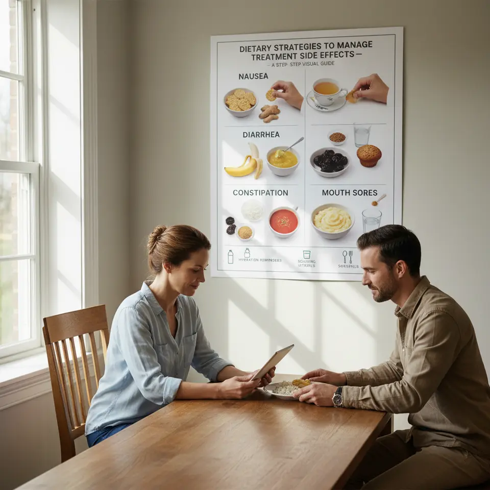 Dietary Strategies to Manage Treatment Side Effects – a step-by-step visual guide showing small bland snacks like ginger crackers for nausea, a low-fiber panel with white rice and applesauce for diarrhea, a fiber boost section with prunes and flaxseed for constipation, and soft, moist foods like mashed potatoes and pureed soups for mouth sores, complete with hydration reminders and soothing utensil icons